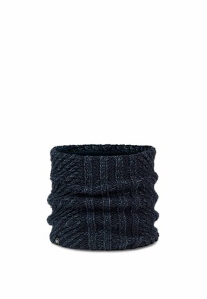 Calentador de cuello negro suave tejido con patrones acanalados y de trenzas, mostrado sobre un fondo blanco.