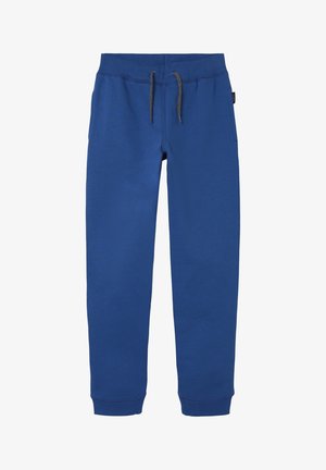 Blaue Jogginghose mit elastischem Bund, dunklen Kordeln, seitlichen Taschen und gerippten Bündchen an den Knöcheln.