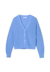 Light blue cropped cardigan made of ribbed fabric, featuring a V-neck, long sleeves, and five button closures down the front.