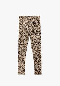 Leopardprint leggings i beige stof med en glat overflade, der har et sort pletmønster over det hele. Klassisk talje, tætsiddende design.