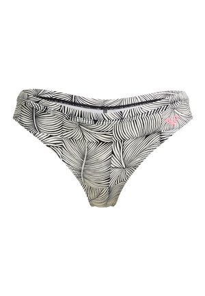 Black and white leaf-patterned bikini bottom with a low-rise cut and small pink heart logo on the right side.