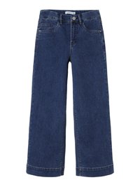 Mörkblå denimvidbyxor med knappstängning, fem fickor och stickade fållar. Materialet har en lätt textur.