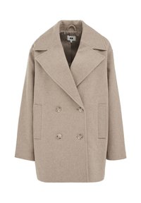 Bež plašč iz mešanice volne z dvorednim sprednjim delom, širokimi ovratniki, dvema sprednjima žepoma in gladko notranjo podlogo. Ima štiri gumbe.