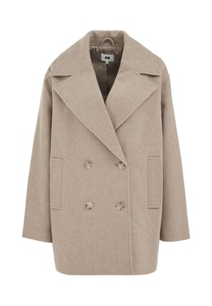 Smėlio spalvos vilnos mišinys paltas su dvispalviu priekiu, plačiomis atlapomis, dviem priekinėmis kišenėmis ir lygiu vidiniu pamušalu. Turi keturis mygtukus.