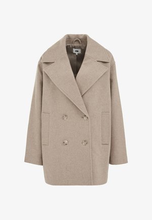 Smėlio spalvos vilnos mišinys paltas su dvispalviu priekiu, plačiomis atlapomis, dviem priekinėmis kišenėmis ir lygiu vidiniu pamušalu. Turi keturis mygtukus.