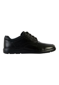 Scarpe in pelle nera con design a profilo basso, punta tonda, allacciatura frontale e suola in gomma resistente. Presentano dettagli di cucitura minimali.