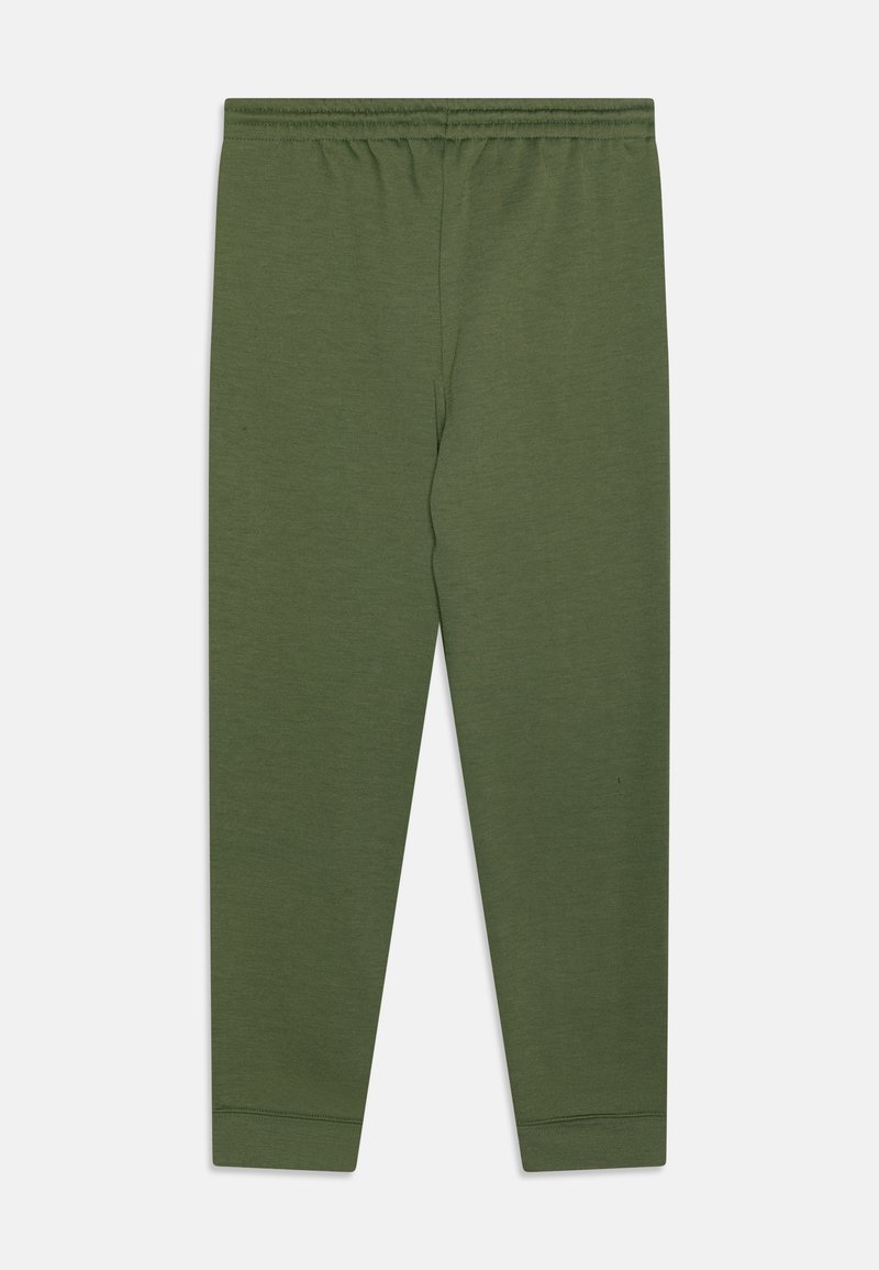 Leggings verdi in cotone elasticizzato con vita elasticizzata, design aderente e caviglie affusolate. Nessun motivo o accento visibile.