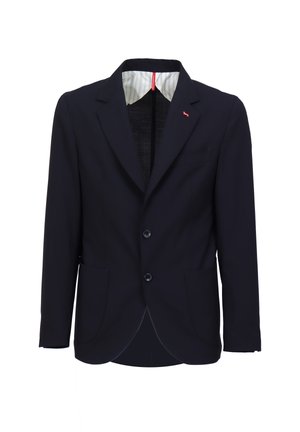 Marineblauer Blazer aus glattem Stoff, mit Reverskragen, zwei Vordertaschen, zwei Knöpfen und einer gestreiften Innenauskleidung.
