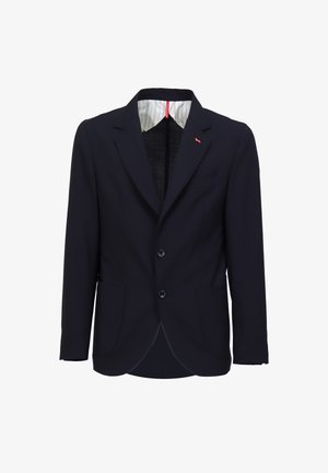 Granatowa marynarka wykonana z gładkiego materiału, z kołnierzykiem, dwiema przednimi kieszeniami, dwoma guzikami oraz w paski podszewką.