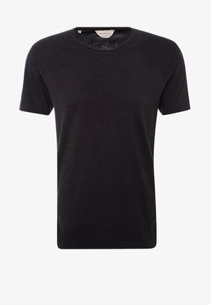 T-shirt noir à manches courtes avec un col rond, confectionné en tissu de coton doux, doté d'une coupe décontractée et d'un design simple.