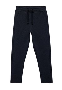 Mørk navy sweatpants i et blødt, struktureret stof. Har en elastisk talje med snor, sidelommer og et tapered ben-design.