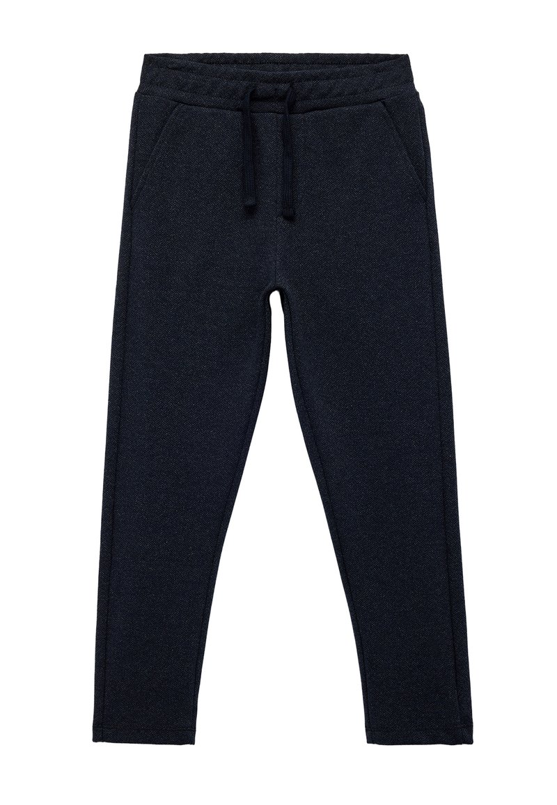 Mørk navy sweatpants i et blødt, struktureret stof. Har en elastisk talje med snor, sidelommer og et tapered ben-design.