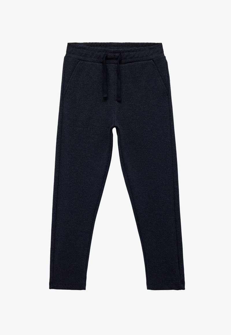 Dunkelblaue Sweatpants aus einem weichen, strukturierten Stoff. Sie verfügen über einen elastischen Bund mit Kordelzug, seitliche Taschen und ein schmal zulaufendes Bein-Design.