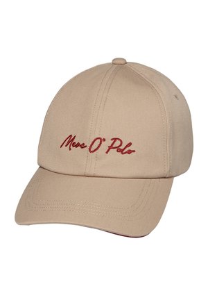 Casquette de baseball beige avec texte brodé en rouge "Marc O' Polo" sur le devant et coutures visibles sur la visière et les panneaux.
