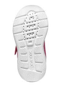 White rubber sole with perforations and textured grip patterns, labeled "GEOX" and size "21," attached to a pink shoe upper.