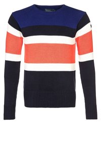 Pull en maille à col rond, avec des rayures horizontales bleu marine, corail, blanc et bleu foncé. Design texturé à manches longues.