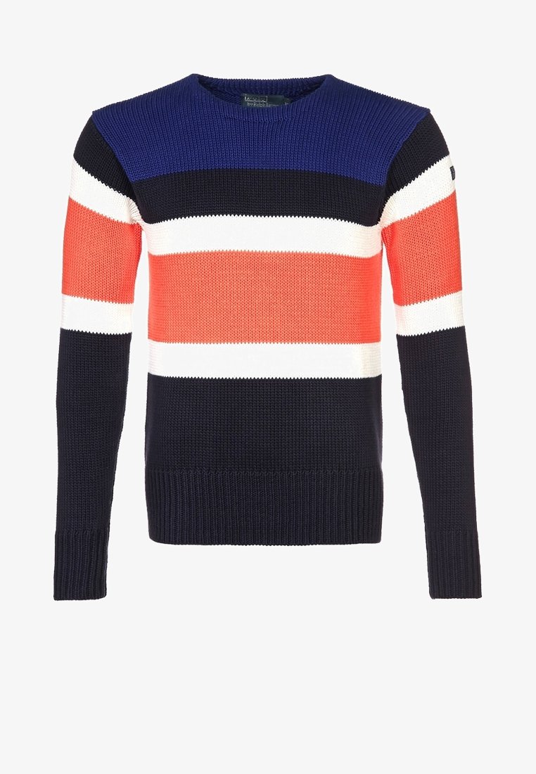 Pull en maille à col rond, avec des rayures horizontales bleu marine, corail, blanc et bleu foncé. Design texturé à manches longues.