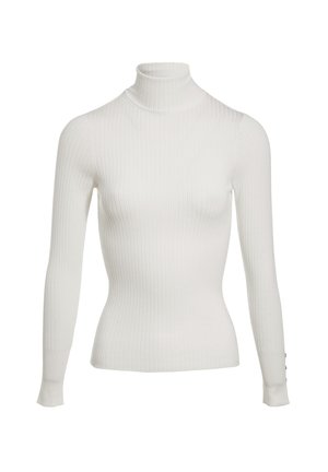 White ribbed turtleneck sweater with long sleeves and fitted design. Features a smooth texture and button accents at the cuffs.