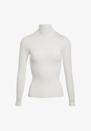 Suéter blanco de cuello alto con manga larga y diseño ajustado. Presenta una textura suave y detalles de botones en los puños.