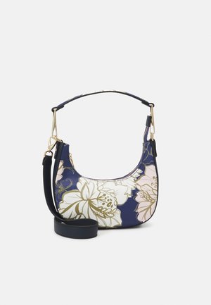 Kleine navyblaue Handtasche mit großen weißen und pinken Blumenmustern, goldener Hardware und abnehmbarem Schulterriemen.