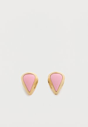 Gold earrings with teardrop shape and glossy pink inlay, displayed side by side on a white background.