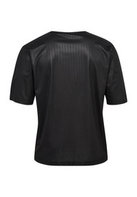 Black short-sleeve top with a smooth texture and subtle vertical stripes; features a round neckline and loose fit design.