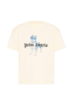 Kremowy T-shirt z niebieskim psem w okularach przeciwsłonecznych i napisem „Palm Angels” czcionką gotycką w kolorze czarnym na przodzie.