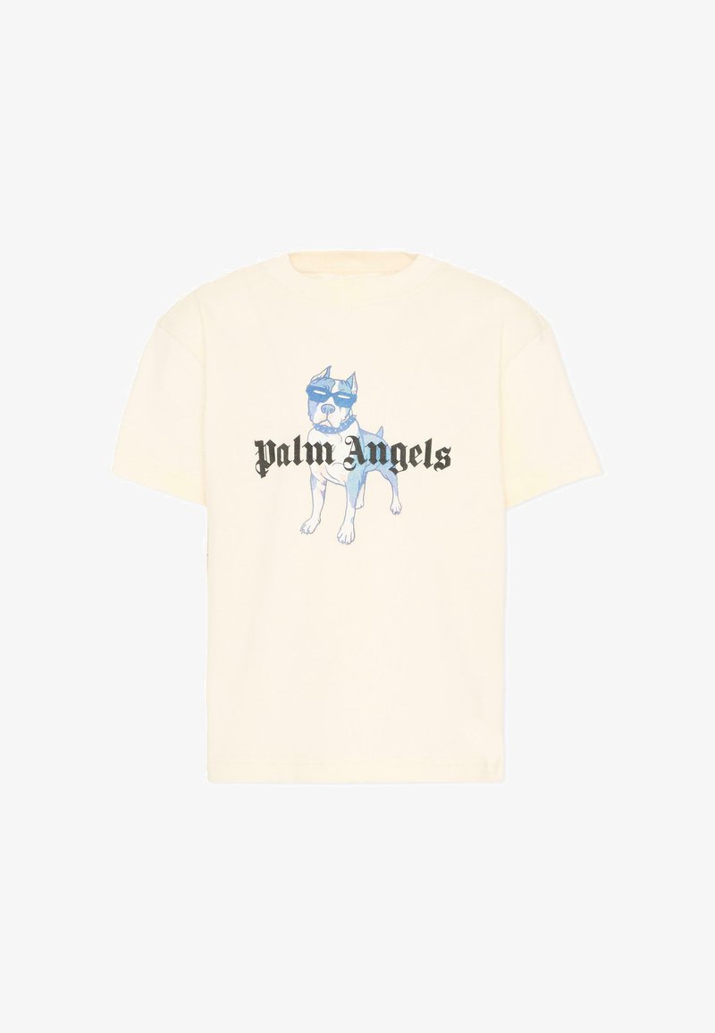 T-shirt couleur crème avec un chien bleu portant des lunettes de soleil et le texte "Palm Angels" en police gothique noire sur la poitrine.