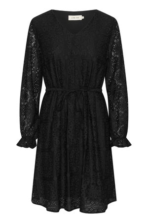 Black dress with a V-neck, long sheer sleeves, and ruffled cuffs. Features embroidered floral patterns and a waist tie for adjustment.