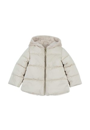 Veste matelassée beige pour tout-petit avec fermeture éclair frontale et doublure de capuche en fourrure, conçue pour la chaleur et le confort par temps froid.