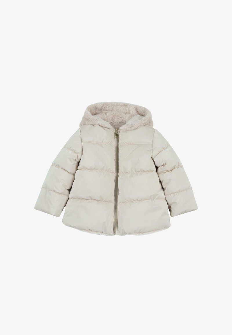 Veste matelassée beige pour tout-petit avec fermeture éclair frontale et doublure de capuche en fourrure, conçue pour la chaleur et le confort par temps froid.