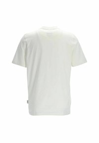 Weißes Baumwoll-T-Shirt mit kurzen Ärmeln und rundem Halsausschnitt. Glatte Textur, keine Muster, mit einem kleinen Etikett am seitlichen Saum.