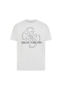 T-shirt bianca in cotone a maniche corte, con una stampa grafica nera di lettere intrecciate e il testo "GUESS?, INC. CLASSIC DESIGN" al centro.