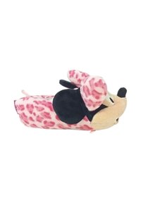 Pantofole di peluche con stampa leopardata rosa e dettagli neri, progettate come un personaggio con grandi orecchie e un volto sorridente.