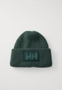 Grønn strikket lue med brettet opp kant, utstyrt med et rektangulært logopatch i mørkere grønn som viser initialene "HH." Teksturert ribbestrikket mønster.