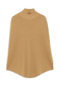 Beige neuleponcho, jossa on korkea kaulus, sileä rakenne ja rento istuvuus. Ominaisuuksiin kuuluu pyöristetty helma ja hienovarainen brändäys sivulla.