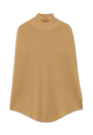 Beige neuleponcho, jossa on korkea kaulus, sileä rakenne ja rento istuvuus. Ominaisuuksiin kuuluu pyöristetty helma ja hienovarainen brändäys sivulla.