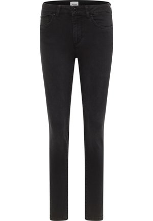 Black denim jeans with a slim fit, featuring a mid-rise waist, two front pockets, and a classic five-pocket design. Smooth texture, minimal detailing.