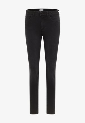 Mustad teksapüksid kitsas lõikega, keskmise kõrgusega vöökohaga, kahe esitasku ja klassikalise viie tasku disainiga. Sile tekstuur, minimaalne detailne viimistlus.