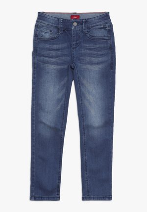 Jeans en denim bleu foncé avec une texture lisse. Comprend des poches avant, une fermeture à bouton et un léger délavage pour un look décontracté.