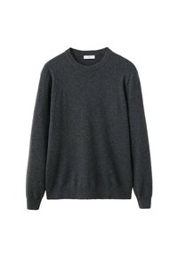 Dunkelgrauer Wollpullover mit Rundhalsausschnitt, langen Ärmeln und gerippten Bündchen und Saum. Weiche Textur und einfaches Design. Keine sichtbaren Muster.