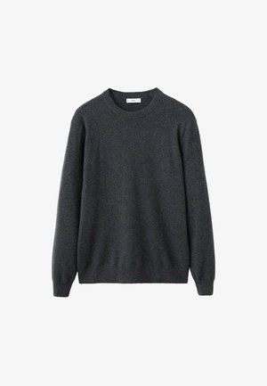 Jersey de lana gris oscuro con cuello redondo, mangas largas y puños y dobladillo acanalados. Textura suave y diseño sencillo. Sin patrones visibles.