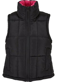 Svart puffervest med høy krage, frontlukking med glidelås, to sidelommer og innerfôr i rosa. Har kviltet mønster og polstret tekstur.