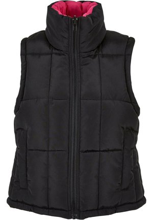 Svart puffervest med høy krage, frontlukking med glidelås, to sidelommer og innerfôr i rosa. Har kviltet mønster og polstret tekstur.