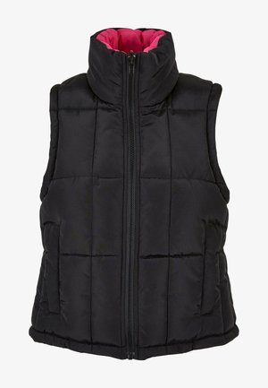 Jachetă pufi neagră cu guler înalt, închidere frontală cu fermoar, două buzunare laterale și căptușeală interioară roz. Prezintă un model matlasat și textură căptușită.