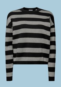 Pull col rond noir et blanc avec des rayures horizontales épaisses noires et fines blanches alternées sur le corps et les manches.
