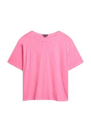 Korte mouwen, ronde hals t-shirt in een gemêleerde roze kleur; gemaakt van zachte stof met een relaxte pasvorm en een gladde textuur.
