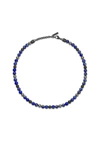 Collana a perle di lapislazzuli e ematite con perle sferiche blu e grigie alternate, accentuata da una chiusura e catena in metallo nero.