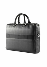 Black leather briefcase with a textured finish, featuring two top handles and a side zipper. Includes a flat fabric band on the front.