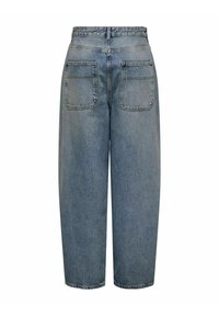 Ljusblå denimjeans med lös passform, hög midja, två bakfickor och rak bendesign. Avslutad med kontrasterande sömmar.